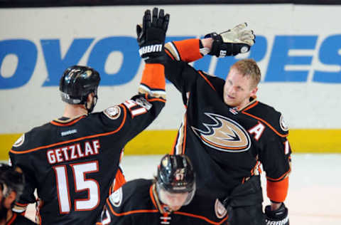 ANAHEIM, CA – MAY 05: Anaheim Ducks right wing Corey Perry (10) with captain Ryan Getzlaf (15) after Perry scored the game-winning goal in the second overtime period to defeat the Edmonton Oilers. (Photo by John Cordes/Icon Sportswire via Getty Images)