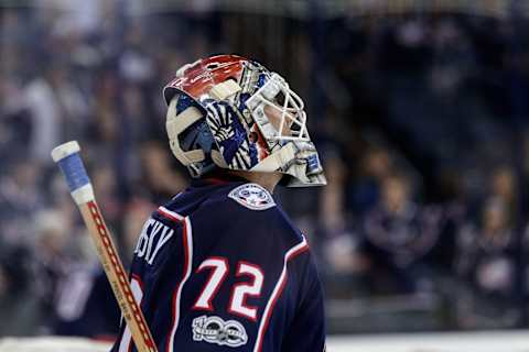 COLUMBUS, OH – OCTOBER 06: Columbus Blue Jackets goalie Sergei Bobrovsky (72) looks on during warmups before a game between the Columbus Blue Jackets and the New York Islanders on October 06, 2017, at Nationwide Arena in Columbus, OH. (Photo by Adam Lacy/Icon Sportswire via Getty Images)