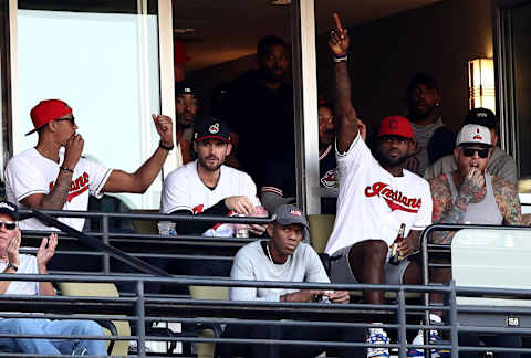 CLEVELAND, OH – OCTOBER 15: (L-R) National Basketball Association Cleveland Cavaliers players Channing Frye, Kevin Love, LeBron James and Chris Andersen attend game two of the American League Championship Series between the Toronto Blue Jays and the Cleveland Indians at Progressive Field on October 15, 2016 in Cleveland, Ohio. (Photo by Elsa/Getty Images)