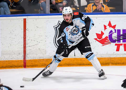 WINNIPEG, CANADA – JANUARY 14: Matthew Savoie #93 of the Winnipeg ICE plays the puck during second period action against the Medicine Hat Tigers at Wayne Fleming Arena on January 14, 2023 in Winnipeg, Manitoba, Canada. (Photo by Jonathan Kozub/Getty Images)