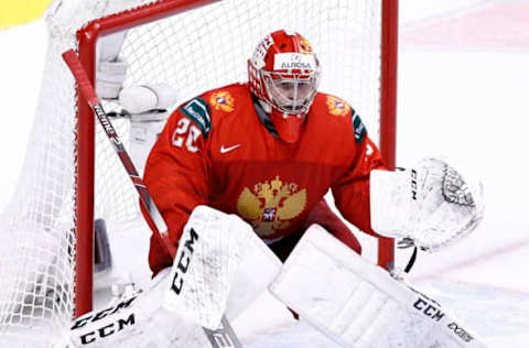 VANCOUVER , BC – JANUARY 5: Goaltender Pyotr Kochetkov #20 of Russia crouches in the crease against Switzerland during a bronze medal game at the IIHF World Junior Championships at Rogers Arena on January 5, 2019 in Vancouver, British Columbia, Canada. (Photo by Kevin Light/Getty Images)