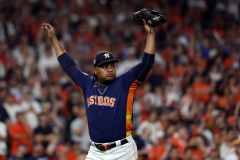 HOUSTON, TEXAS – NOVEMBER 05: Framber Valdez #59 of the Houston Astros reacts after the third out against the Philadelphia Phillies during the fourth inning in Game Six of the 2022 World Series at Minute Maid Park on November 05, 2022 in Houston, Texas. (Photo by Harry How/Getty Images)