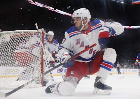 NEW YORK, NEW YORK – FEBRUARY 25: Tony DeAngelo #77 of the New York Rangers skates against the New York Islanders at NYCB Live’s Nassau Coliseum on February 25, 2020 in Uniondale, New York. The Rangers defeated the Islanders 4-3 in overtime. (Photo by Bruce Bennett/Getty Images)