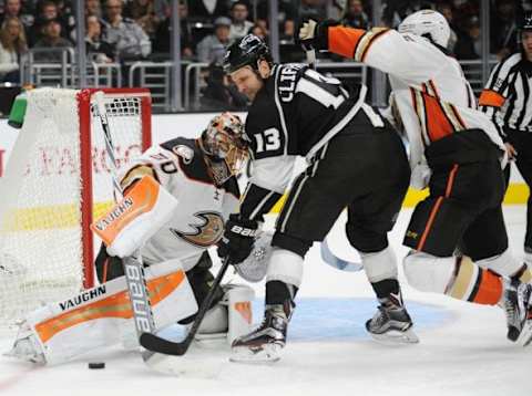 September 29, 2015; Los Angeles, CA, USA; Los Angeles Kings left wing Kyle Clifford (13) shoots on goal against Anaheim Ducks goalie Anton Khudobin (30) during the second period at Staples Center. Mandatory Credit: Gary A. Vasquez-USA TODAY Sports