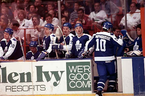 LOS ANGELES, CA – DECEMBER 1: Kevin Maguire #18, Paul Fenton #16, Lucien Deblois #27, Aaron Broten #21 and Vincent Damphousse #10 of the Toronto Maple Leafs . (Photo by Graig Abel/Getty Images)