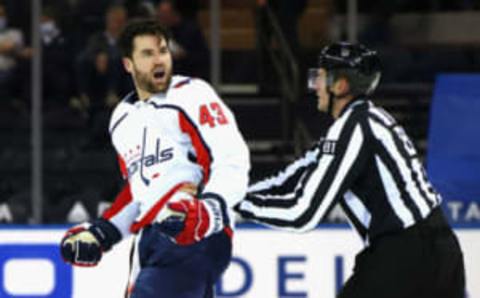 NEW YORK, NEW YORK – MAY 03: Tom Wilson #43 of the Washington Capitals yells at the New York Rangers bench after taking a second-period penalty at Madison Square Garden on May 03, 2021, in New York City. (Photo by Bruce Bennett/Getty Images)