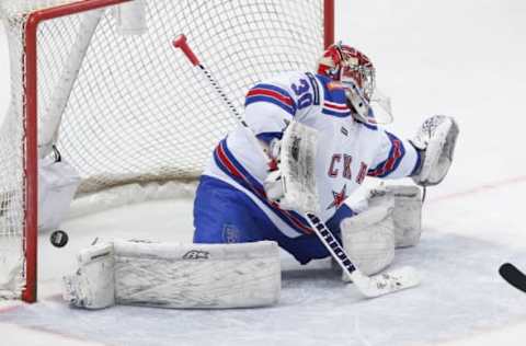 MOSCOW, RUSSIA NOVEMBER 9, 2016: SKA St Petersburgs goaltender Igor Shestyorkin concedes a goal in their 2016/17 KHL Regular Season ice hockey match against Dynamo Moscow at the VTB Ice Palace. SKA won the game 2-3. Mikhail Japaridze/TASS (Photo by Mikhail JaparidzeTASS via Getty Images)