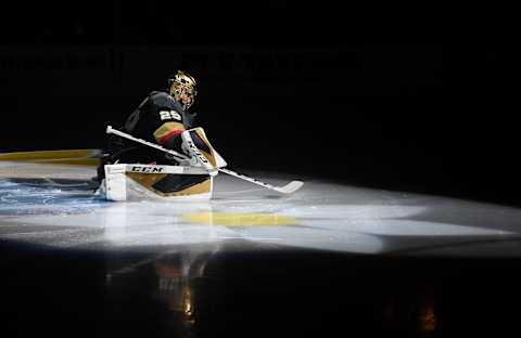 LAS VEGAS, NEVADA – OCTOBER 15: Marc-Andre Fleury #29 of the Vegas Golden Knights is introduced before a game against the Nashville Predators at T-Mobile Arena on October 15, 2019 in Las Vegas, Nevada. The Predators defeated the Golden Knights 5-2. (Photo by Ethan Miller/Getty Images)