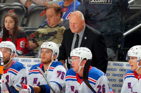 NEWARK, NJ – SEPTEMBER 30: Gerard Gallant head coach of the New York Rangers behind the bench against the New Jersey Devils on September 30, 2022, at the Prudential Center in Newark, New Jersey. (Photo by Rich Graessle/Getty Images)