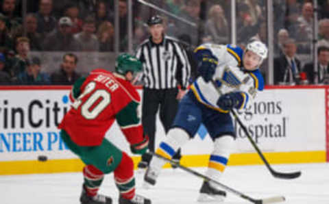 Jan 26, 2017; Saint Paul, MN, USA; St Louis Blues forward Vladimir Tarasenko (91) shoots in the first period against the Minnesota Wild defenseman Ryan Suter (20) at Xcel Energy Center. Mandatory Credit: Brad Rempel-USA TODAY Sports