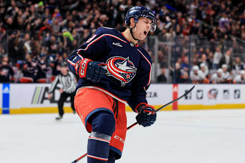 Nov 25, 2022; Columbus, Ohio, USA; Columbus Blue Jackets right wing Yegor Chinakhov (59) yells as he celebrates scoring a power play goal against the New York Islanders in the second period at Nationwide Arena. Mandatory Credit: Aaron Doster-USA TODAY Sports