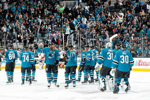 SAN JOSE, CA – NOVEMBER 4: The San Jose Sharks celebrate their win over the Anaheim Ducks after their first shoot out of the season at SAP Center on November 4, 2017 in San Jose, California. The Sharks defeated the Ducks 2-1 in a shoot out. (Photo by Scott Dinn/NHLI via Getty Images)