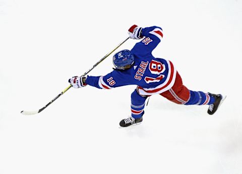 NEW YORK, NY – JANUARY 16: Marc Staal #18 of the New York Rangers takes the shot in warm-ups prior to the game against the Philadelphia Flyers at Madison Square Garden on January 16, 2018 in New York City. (Photo by Bruce Bennett/Getty Images)