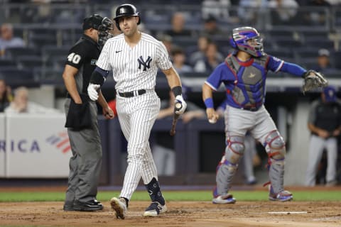 NEW YORK, NEW YORK – SEPTEMBER 21: Joey Gallo #13 of the New York Yankees reacts after striking out during the first inning against the Texas Rangers at Yankee Stadium on September 21, 2021 in the Bronx borough of New York City. (Photo by Sarah Stier/Getty Images)