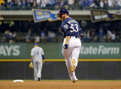 MILWAUKEE, WI – OCTOBER 12: Relief pitcher Brandon Woodruff #53 of the Milwaukee Brewers rounds the bases after hitting a home run in the third inning of Game 1 of the NLCS against the Los Angeles Dodgers at Miller Park on Friday, October 12, 2018 in Milwaukee, Wisconsin. (Photo by Alex Trautwig/MLB Photos via Getty Images)