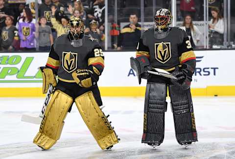 LAS VEGAS, NV – APRIL 04: Marc-Andre Fleury #29 and Malcolm Subban #30 of the Vegas Golden Knights warm up prior to a game against the Arizona Coyotes at T-Mobile Arena on April 4, 2019 in Las Vegas, Nevada. (Photo by Jeff Bottari/NHLI via Getty Images)