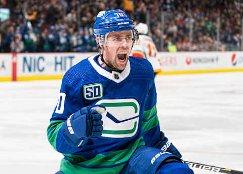 Tanner Pearson #70 of the Vancouver Canucks celebrates after scoring a goal  (Photo by Rich Lam/Getty Images)