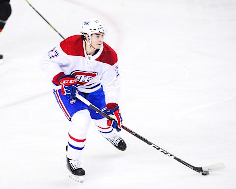 CALGARY, AB – MARCH 11: Alexander Romanov #27 of the Montreal Canadiens in action against the Calgary Flames during an NHL game at Scotiabank Saddledome on March 11, 2021 in Calgary, Alberta, Canada. (Photo by Derek Leung/Getty Images)