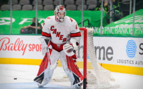 Apr 27, 2021; Dallas, Texas, USA; Carolina Hurricanes goaltender James Reimer (47) warms up before the game against the Dallas Stars at the American Airlines Center. Mandatory Credit: Jerome Miron-USA TODAY Sports