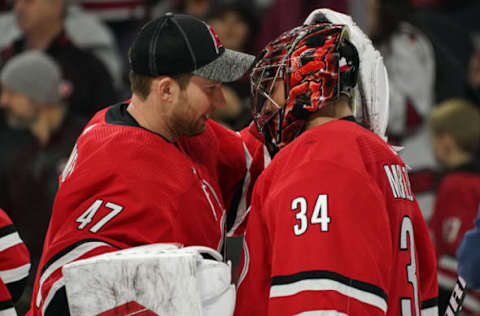 Carolina Hurricanes Goalies James Reimer and Petr Mrazek  (Photo by Greg Thompson/Icon Sportswire via Getty Images)