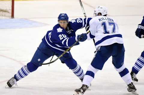 Mar 15, 2016; Toronto, Ontario, CAN; Toronto Maple Leafs defenceman Frank Corrado (20) blocks Tampa Bay Lightning center Alex Killorn (17) in the third period of the Leafs 4-1 win at Air Canada Centre. Mandatory Credit: Dan Hamilton-USA TODAY Sports