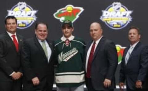 Jun 24, 2016; Buffalo, NY, USA; Luke Kunin poses for a photo after being selected as the number fifteen overall draft pick by the Minnesota Wild in the first round of the 2016 NHL Draft at the First Niagra Center. Mandatory Credit: Timothy T. Ludwig-USA TODAY Sports