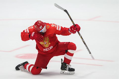 BRATISLAVA, SLOVAKIA – MAY 26, 2019: Russia’s Nikita Gusev reacts as he scores a goal during a penalty shootout in the 2019 IIHF Ice Hockey World Championship Bronze medal match against the Czech Republic at Ondrej Nepela Arena. The Russian team won the game 3-2 in penalty shootout. Alexander Demianchuk/TASS (Photo by Alexander DemianchukTASS via Getty Images)