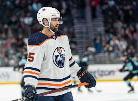 Dec 18, 2021; Seattle, Washington, USA; Edmonton Oilers center Cooper Marody (65) is pictured before a game against the Seattle Kraken at Climate Pledge Arena. Mandatory Credit: Stephen Brashear-USA TODAY Sports