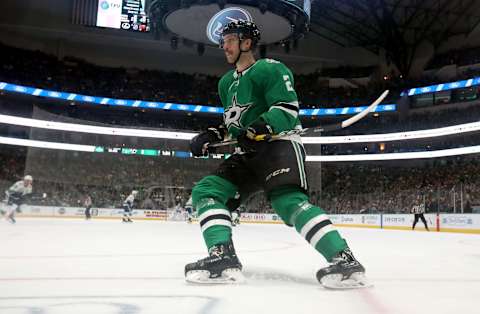 DALLAS, TEXAS – NOVEMBER 19: Jamie Oleksiak #2 of the Dallas Stars in the second period at American Airlines Center on November 19, 2019 in Dallas, Texas. (Photo by Ronald Martinez/Getty Images)