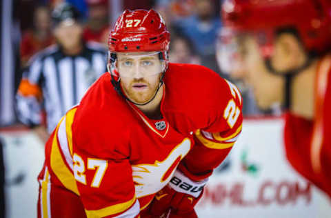 Dec 10, 2016; Calgary, Alberta, CAN; Calgary Flames defenseman Dougie Hamilton (27) looks on during a face off against the Winnipeg Jets during the second period at Scotiabank Saddledome. Mandatory Credit: Sergei Belski-USA TODAY Sports