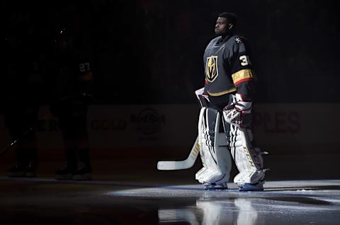 LAS VEGAS, NV – MARCH 17: Malcolm Subban #30 of the Vegas Golden Knights stands on the ice prior to a game against the Edmonton Oilers at T-Mobile Arena on March 17, 2019 in Las Vegas, Nevada. (Photo by David Becker/NHLI via Getty Images)