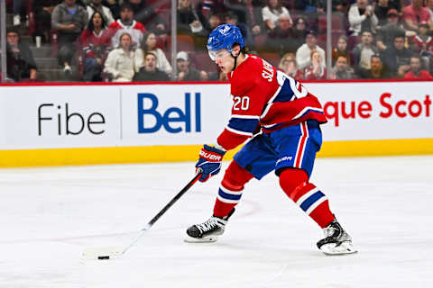 Sep 30, 2023; Montreal, Quebec, CAN; Montreal Canadiens left wing Juraj Slafkovsky. Mandatory Credit: David Kirouac-USA TODAY Sports