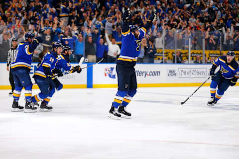 ST. LOUIS, MO – MAY 7: Pat Maroon #7 of the St. Louis Blues celebrates after scoring the game-winning goal in double overtime in Game Seven of the Western Conference Second Round during the 2019 NHL Stanley Cup Playoffs at the Enterprise Center on May 7, 2019 in St. Louis, Missouri. (Photo by Dilip Vishwanat/Getty Images)