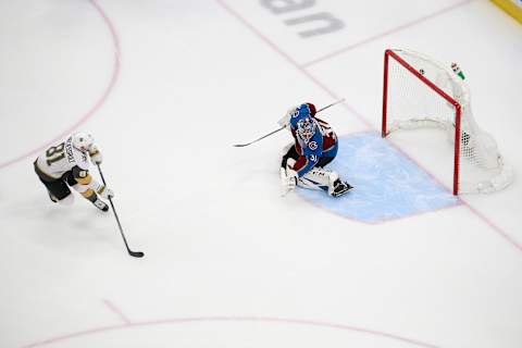 Jonathan Marchessault #81 of the Vegas Golden Knights scores on a penalty-shot past Philipp Grubauer #31 of the Colorado Avalanche. (Photo by Jeff Vinnick/Getty Images)