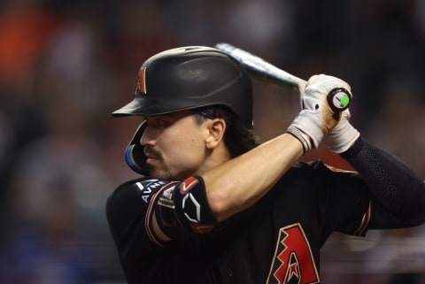 Jul 5, 2023; Phoenix, Arizona, USA; Arizona Diamondbacks outfielder Corbin Carroll against the New York Mets at Chase Field. Mandatory Credit: Mark J. Rebilas-USA TODAY Sports