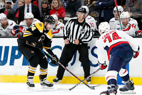 BOSTON, MA – JANUARY 10: Boston Bruins left wing Jake DeBrusk (74) skates on Washington Capitals defenseman John Carlson (74) during a game between the Boston Bruins and the Washington Capitals on January 10, 2019, at TD Garden in Boston, Massachusetts. (Photo by Fred Kfoury III/Icon Sportswire via Getty Images)