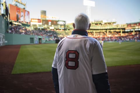 BOSTON, MA – APRIL 20: Former left fielder Carl Yastrzemski of the Boston Red Sox looks on before being introduced during a pre-game ceremony in recognition of the life of former Boston Red Sox second baseman and NESN broadcaster Jerry Remy before a game between the Boston Red Sox and the Toronto Blue Jays on April 20, 2022 at Fenway Park in Boston, Massachusetts. (Photo by Billie Weiss/Boston Red Sox/Getty Images)