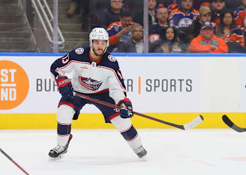 EDMONTON, CANADA – JANUARY 25: Johnny Gaudreau #13 of the Columbus Blue Jackets waiting for a pass in the second period against the Edmonton Oilers on January 25, 2023 at Rogers Place in Edmonton, Alberta, Canada. (Photo by Lawrence Scott/Getty Images)