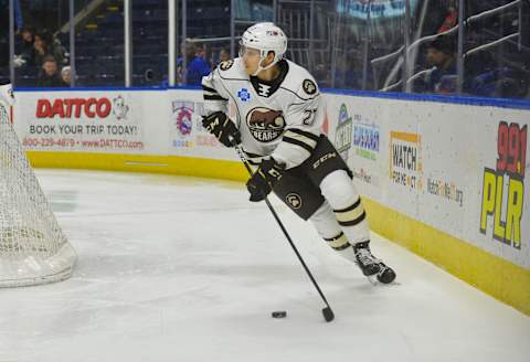 BRIDGEPORT, CT – JANUARY 21: Aaron Ness #27 of the Hershey Bears plays the puck around the goal during a game against the Bridgeport Sound Tigers at Webster Bank Arena on January 21, 2019 in Bridgeport, Connecticut. (Photo by Gregory Vasil/Getty Images)