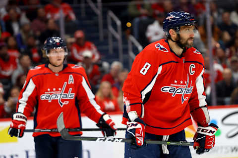 WASHINGTON, DC – JANUARY 13: Alex Ovechkin #8 of the Washington Capitals and Nicklas Backstrom #19 skate on the ice in the third period against the Carolina Hurricanes at Capital One Arena on January 13, 2020 in Washington, DC. (Photo by Rob Carr/Getty Images)