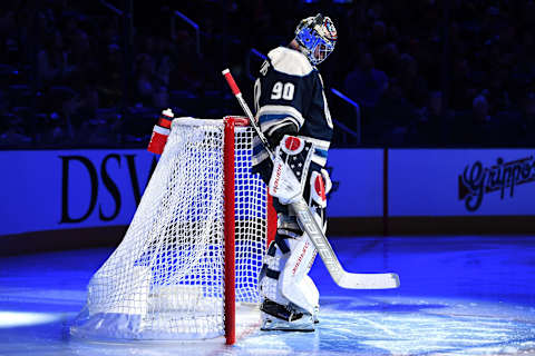 COLUMBUS, OHIO – JANUARY 19: Elvis Merzlikins #90 of the Columbus Blue Jackets stands in the net during introductions before the first period against the Anaheim Ducks at Nationwide Arena on January 19, 2023 in Columbus, Ohio. (Photo by Emilee Chinn/Getty Images)