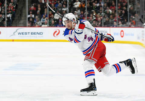 ST. PAUL, MN – FEBRUARY 13: New York Rangers Defenceman Neal Pionk (44) takes a shot on goal during a NHL game between the Minnesota Wild and New York Rangers on February 13, 2018 at Xcel Energy Center in St. Paul, MN. The Wild defeated the Rangers 3-2.(Photo by Nick Wosika/Icon Sportswire via Getty Images)