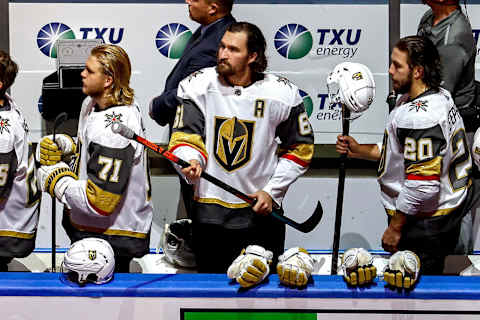 Mark Stone #61 of the Vegas Golden Knights stands on the bench prior to Game Three of the Western Conference Final against the Dallas Stars. (Photo by Bruce Bennett/Getty Images)