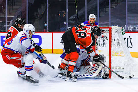 Claude Giroux #28 of the Philadelphia Flyers is blocked by Igor Shesterkin #31 of the New York Rangers during the third period at Wells Fargo Center . (Photo by Tim Nwachukwu/Getty Images)