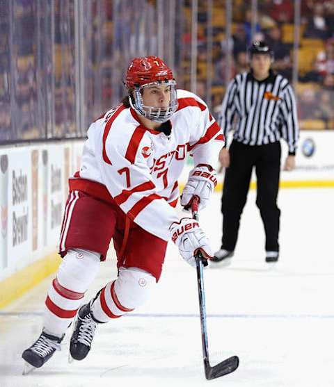 Charlie McAvoy #7 of the Boston University Terriers skates against the Northeastern Huskies during the third period at TD Garden on February 1, 2016 in Boston, Massachusetts. The Eagles defeat the Crimson 3-2.Jan. 31, 2016 –Source: Maddie Meyer/Getty Images North America