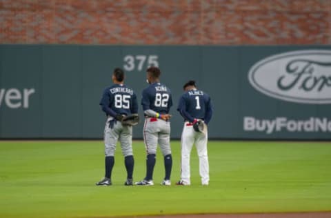 ATLANTA, GA – MARCH 27: Atlanta Braves Ozzie Albies (1), Atlanta Braves CF Ronald Jr. Acuna (82) and Atlanta Braves C William Contreras (85) before the MLB Spring Training baseball game between the New York Yankees and the Atlanta Braves on March 27, 2018, at SunTrust Field in Atlanta, GA. (Photo by John Adams/Icon Sportswire via Getty Images)