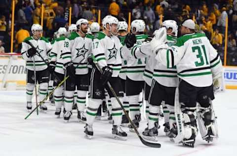 NHL Team Name Origins: Dallas Stars players celebrate after a win against the Nashville Predators at Bridgestone Arena. The Stars won 2-1. Mandatory Credit: Christopher Hanewinckel-USA TODAY Sports