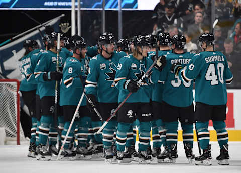 SAN JOSE, CA – NOVEMBER 13: The San Jose Sharks celebrate the win against the Nashville Predators at SAP Center on November 13, 2018 in San Jose, California (Photo by Brandon Magnus/NHLI via Getty Images)