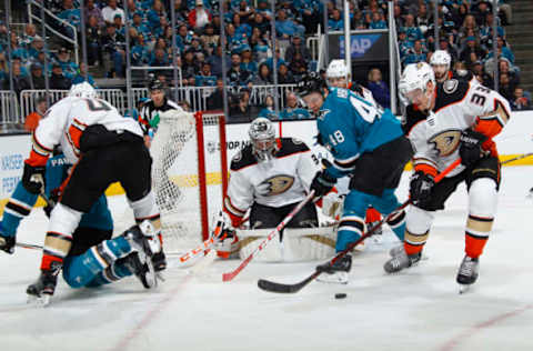 SAN JOSE, CA – APRIL 16: John Gibson #36 of the Anaheim Ducks defends the net against Tomas Hertl #48 of the San Jose Sharks in Game Three of the 2018 Western Conference First Round on April 16, 2018. (Photo by Rocky W. Widner/NHL/Getty Images)