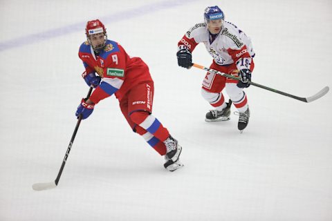 Russia’s Nikita Chibrikov (L) and Czech Republic’s Petr Kodytek during Euro Hockey Tour between Russia and Czech Republic on February 14, 2021, at Malmoe Arena in Sweden. (Photo by Andreas HILLERGREN / TT NEWS AGENCY / AFP) / Sweden OUT (Photo by ANDREAS HILLERGREN/TT NEWS AGENCY/AFP via Getty Images)